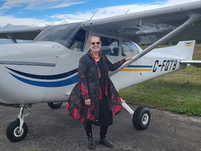 First Nations Technical Institute President Suzanne Brant stands next to one of the aircraft being leased to the school following a massive blaze in February that destroyed the school's hangar and aircraft in Tyendinaga Mohawk Territory. (Jan Murphy/Local Journalism Initiative reporter)