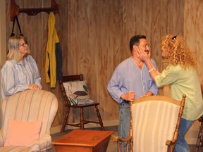 At the recent Belleville Theatre Guild Open House the cast of Vanya and Sonia and Masha and Spike gave a sample. Left to right are Margaret Ruttan as Sonia, Terry Sturman as Vanya and Shari Maracle as Masha. JACK EVANS PHOTO