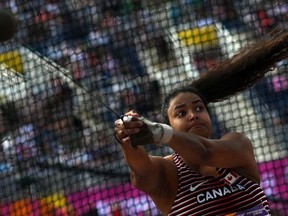 Canada's Jillian Weir competes during the women's hammer throw qualifying rounds athletics event at the Alexander Stadium, in Birmingham on day seven of the Commonwealth Games in Birmingham, central England, on August 4, 2022.