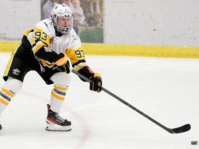 Matthew Cato of the Trenton Golden Hawks snapped a 2-2 tie against the Haliburton Huskies Friday night with 46 seconds left in regulation to lift the G-Hawks to a 3-2 come-from-behind win. Shawn Muir / OJHL Images