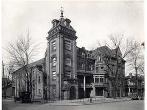 A picture of the YWCA building and Victoria Hall, temporarily used by Central Presbyterian Church, located at the northeast corner of George and Wellington streets circa 1927.  This structure was demolished in 1959 to make way for an outstanding example of a brutalist City Hall in Canada and the adjoining court building. Brant Historical Society