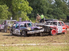 Cars collide in one of several heats of a demolition derby on Saturday September 17, 2022 at the 163rd annual Donnybrook Fair in Walsh, Ontario. Brian Thompson/Brantford Expositor/Postmedia Network