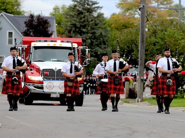 The Kemptville Legion Pipes and Drums open the North Augusta Labour Day parade. (RONALD ZAJAC/The Recorder and Times)
