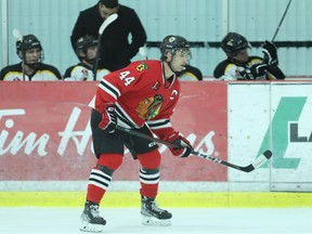Captain Thomas Haynes of the Brockville Braves stands in front of the Smiths Falls bench during their CCHL pre-season game at the Brockville Memorial Centre last Friday. The Braves and Bears will face off again in Brockville to open the regular season this Friday night.
Tim Ruhnke/The Recorder and Times