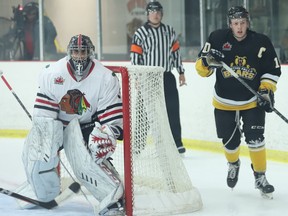 Brockville goalie Sami Molu and Smiths Falls forward Sean James during the Braves-Bears season-opener on Sept. 23, 2022. James scored four goals in the Bears' 6-4 win against the Braves at the CCHL Fall Showcase on Saturday, Oct. 8. File photo/Postmedia Network