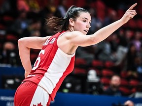 Canada's Bridget Carleton plays against Japan in a preliminary-round game at the FIBA Women's Basketball World Cup in Sydney, Australia, on Sept. 25, 2022. (Photo courtesy of FIBA)