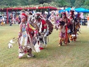 The Grand Entry to the Delaware Nation of the Thames 50th annual Powwow, held on the weekend, was a spectacle of colorful outfits and traditional dancing.  PHOTO Ellwood Shreve/Chatham Daily News