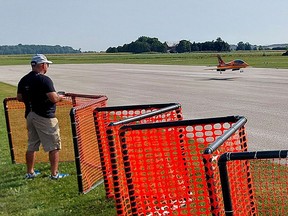 Elekar Monsalve is seen here piloting his sport jet radio-controlled model airplane as it takes to the air at the Chatham-Kent Municipal Airport on Saturday during ThunderThrust.  PHOTO Ellwood Shreve/Chatham Daily News