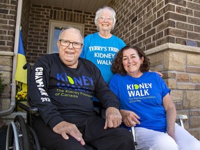 Terry Paul, joined by his wife Sandy and dialysis unit nurse Liz Giacinti (right) is Brantford's ambassador for this year's Kidney Walk taking place virtually on September 25.