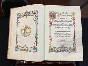 Cornwall's Golden Book from July 2, 1967, signed by Queen Elizabeth II and Prince Philip, Duke of Edinburgh, will be on display this week at the Benson Centre. Photo on Monday, Sept. 12, in Cornwall, Ont. Todd Hambleton/Cornwall Standard-Freeholder/Postmedia Network