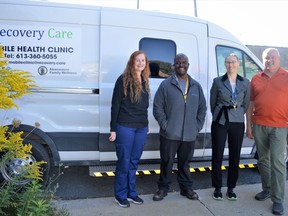 From left to right, at the first day of the Recovery Care Mobile Health Clinic stopping outside of the Cornwall Public Library: RN with Recovery Care Melanie Astle, Recovery Care Addictions Counsellor Jimmie Massey, Cornwall Public Library public services manager Lise Babcock, and Cornwall Public Library programming and marketing manager Pierre Dufour. Pictured on Thursday September 15, 2022 in Cornwall, Ont. Shawna O'Neill/Cornwall Standard-Freeholder/Postmedia Network