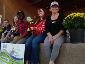 From left, Eastern Ontario Garlic Market participants, Jody Marsolais (African drumming), Jamie MacRae (Cornerstone Organics), Lee Theodore (Cornwall vision project), Brett Desrosiers (kids' drama and art), and market organizer Brenda Norman had different parts to play to host a successful event on Saturday September 17, 2022 in Cornwall, Ont. Greg Peerenboom/Special to the Cornwall Standard-Freeholder/Postmedia Network