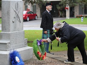 A poppy is placed on a wreath at the cenotaph in Ingleside. Photo on Monday, Sept. 19, 2022, in Ingleside, Ont. Todd Hambleton/Cornwall Standard-Freeholder/Postmedia Network