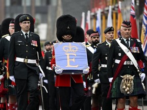 Justin Towndale (third from front, right row), was an honorary pallbearer for the Memorial Parade for Queen Elizabeth, pictured arriving at Christ Church Cathedral in Ottawa for a commemorative ceremony. Handout/Cornwall Standard-Freeholder/Postmedia Network
