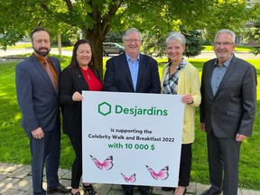From left are Desjardins Ontario representatives Stephane Leger (Business Development Manager) and Christine Delage Robertson (Business Advisor), along with Sean Adams, Wendy Grant and Milton Ellis, Chairmen of Celebrity Walk and Breakfast. Photo taken on Thursday September 22, 2022, in Cornwall, Ontario. Todd Hambleton/Cornwall Standard Freeholder/Postmedia Network