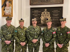SD&G Highlanders contingent while at a reception at Canada House (High Commission) in London, U.K. where they met many accomplished Canadians. From left to right, Cpl Kevin MacFarlane, WO Marty Sabourin, LCol Ryan Hartman (CO), MCpl Andrew Fakotakis, and Sgt Zach Dwyer.
Handout/Cornwall Standard-Freeholder/Postmedia Network