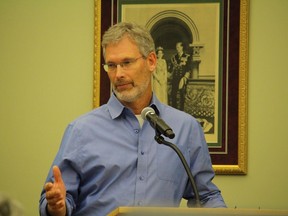 Dr. Jeff Ridal, River Institute executive director, speaking at the Lake St. Lawrence meeting. Photo in Long Sault Ont. Todd Hambleton/Cornwall Standard-Freeholder/Postmedia Network