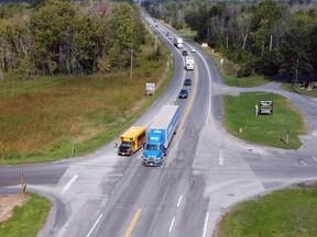 Handout/Cornwall Standard-Freeholder/Postmedia Network
An aerial photo provided by the United Counties of SDG on Sept. 7, 2022, of the intersection of Highway 138 and Headline Road in South Stormont, seen from the south side of the intersection.