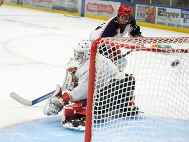 The Cornwall Colts Matheason Cameron gets one past the Brockville Braves goaltender during exhibition play on Saturday September 3, 2022 in Cornwall, Ont. Cornwall won 3-0. Robert Lefebvre/Special to the Cornwall Standard-Freeholder/Postmedia Network