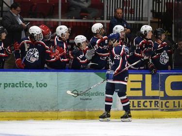 Cornwall Colts Ethan Henry gets his fist bumps from the bench after scoring against the Hawkesbury Hawks on Thursday September 8, 2022 in Cornwall, Ont. The Colts won 4-1. Robert Lefebvre/Special to the Cornwall Standard-Freeholder/Postmedia Network