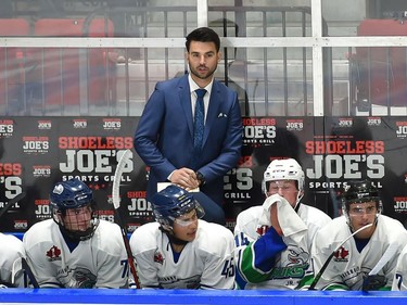 Hawkesbury Hawks head coach Charles Lavigne behind the bench during play against the Cornwall Colts on Thursday September 8, 2022 in Cornwall, Ont. The Colts won 4-1. Robert Lefebvre/Special to the Cornwall Standard-Freeholder/Postmedia Network