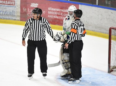 Hawkesbury Hawks goaltender Dekon Randell-Snow speaks with a linesman and ref during play against the Cornwall Colts on Thursday September 8, 2022 in Cornwall, Ont. The Colts won 4-1. Robert Lefebvre/Special to the Cornwall Standard-Freeholder/Postmedia Network