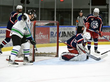 Cornwall Colts goaltender Dax Easter holds the shot during play against the Hawkesbury Hawks on Thursday September 8, 2022 in Cornwall, Ont. The Colts won 4-1. Robert Lefebvre/Special to the Cornwall Standard-Freeholder/Postmedia Network