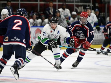 Hawkesbury Hawks Jeremie Ndeffo skates up ice into the Cornwall Colts defence on Thursday September 8, 2022 in Cornwall, Ont. The Colts won 4-1. Robert Lefebvre/Special to the Cornwall Standard-Freeholder/Postmedia Network