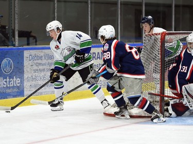 Hawkesbury Hawks Aiden Stubbings rounds the Cornwall Colts with the puck on Thursday September 8, 2022 in Cornwall, Ont. The Colts won 4-1. Robert Lefebvre/Special to the Cornwall Standard-Freeholder/Postmedia Network