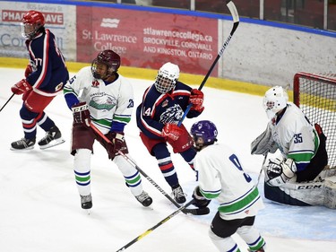 Cornwall Colts Chaka Muntu finds himself on the blue ice, on the offensive against the Hawkesbury Hawks on Thursday September 8, 2022 in Cornwall, Ont. The Colts won 4-1. Robert Lefebvre/Special to the Cornwall Standard-Freeholder/Postmedia Network