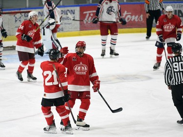 Pembroke Lumber Kings Kosta Kastanis celebrates his goal against the Cornwall Colts with teammate Josh O'Connor on Sunday September 11, 2022 in Cornwall, Ont. Cornwall lost 4-1. Robert Lefebvre/Special to the Cornwall Standard-Freeholder/Postmedia Network