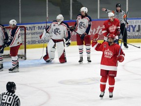 Pembroke Lumber Kings Kosta Kastanis celebrates his goal against the Cornwall Colts on Sunday September 11, 2022 in Cornwall, Ont. Cornwall lost 4-1. Robert Lefebvre/Special to the Cornwall Standard-Freeholder/Postmedia Network