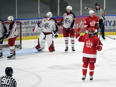 Pembroke Lumber Kings Kosta Kastanis celebrates his goal against the Cornwall Colts on Sunday September 11, 2022 in Cornwall, Ont. Cornwall lost 4-1. Robert Lefebvre/Special to the Cornwall Standard-Freeholder/Postmedia Network