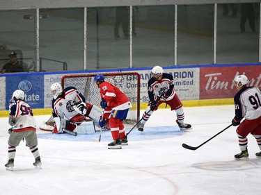 Cornwall Colts goaltender Dax Easter, along with the other players look to the right of the crease for a shot during play against the Pembroke Lumber Kings on Sunday September 11, 2022 in Cornwall, Ont. Cornwall lost 4-1. Robert Lefebvre/Special to the Cornwall Standard-Freeholder/Postmedia Network