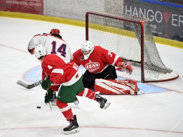 Cornwall Colts Caden Eaton tries to get his stick down on a rebound from Pembroke Lumber Kings goaltender Ben Forget on Sunday September 11, 2022 in Cornwall, Ont. Cornwall lost 4-1. Robert Lefebvre/Special to the Cornwall Standard-Freeholder/Postmedia Network