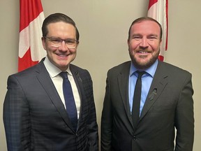 Handout/Cornwall Standard-Freeholder/Postmedia Network
Conservative Party of Canada Leader Pierre Poilievre, left, and Stormont-Dundas-South Glengarry MP Eric Duncan, after Poilievre named Duncan party-caucus liaison on Sept. 13, 2022.