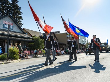 Canadian armed forces members march at the labour day parade in Cochrane on Monday, Sept. 5, 2022.