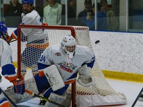 High River Flyers goalie Kaiden Fulton deflects the puck at the Cochrane Arena on Saturday, Sept. 24, 2022. The Generals beat the Flyers 7-1 and 57-31 shots in Heritage Junior Hockey League Action.