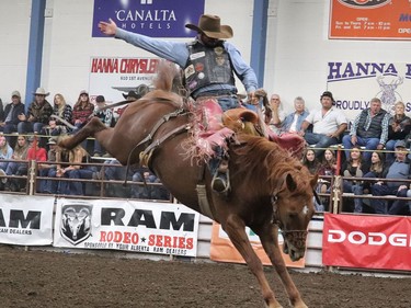 The dust was flying at the Hanna Indoor Pro Rodeo at the Hanna Arena in Hanna, Alta. on Sept. 17 as cowboys and cowgirls from all over the world descended for the first day of rodeo. The event was well attended by spectators and participants alike. Jackie Irwin/Postmedia