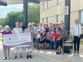 Presenting the $6,836 cheque to the Walkerton and District Hospital Foundation on behalf of the Walkerton Hospital Auxiliary are, from left, Fay Demerling, Joan Ernewein and Carol Duncan. Also pictured are auxiliary members Lucy Hokke, Betty Lyall, Ruth Mittelholtz, Debbie Cassidy, Jane Wilhelm, Mary Valad, Anita Hebblewaite, Linda McCulloch, Ethel Collins, Marg Girdler, Janice Hawkins, Dolores McCannel, Gail Voisin, Margit Freiburger, Gloria Mackie, Cally Quish, Doreen Weber, Mary Benninger and Mary Anne Buehlow along with WDHF executive director Hayley Wilhelm and vice chair Joe Dietrich.