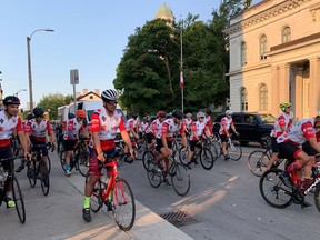 Firefighters from the Toronto Professional Firefighter Celtic Society cycle departed downtown Kingston on Friday morning, as they cycle from Hamilton to the National Firefighter Memorial site in Ottawa to raise money Canadian Fallen Firefighters Foundation.