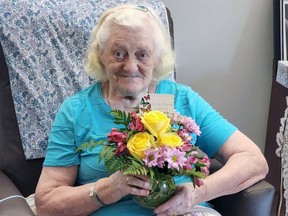 As of this writing Kirkland Lake's Extendicare is continuing to experience a COVID-19 outbreak. Anything that puts a smile on the residents' faces is so important at this time. With that in mind, an anonymous Dorothy's Flower Shop customer sent over a what facility officials described as a "beautiful gift of kindness." In the photo resident Geraldine holds this beautiful bouquet of flowers. Supplied photo