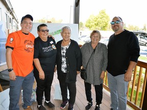 Indigenous First Nations were well reprsesented at the Grand Opening of the Keepers Of The Circle office and Mino M'Shkiki Health Centre on September 29 in Kirkland Lake. From L-R are: Matachewan First Nation Councillor Stan Fox, Keepers Of The Circle Executive Director Bertha Cormier, Matachewan FN Elders Jeanette Gilbert and Lilliane Jobson and Chief Wayne Wabie, Beaverhouse FN. Photo by Xavier Kaptaquapit