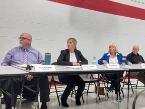 An all-candidates meeting was held Wed., Sept. 21 at Grand Bend Public School for the upcoming Lambton Shores municipal election. Pictured from left are candidates for deputy mayor Dan Sageman and Terri Lynn Legault and mayoral candidates Marilyn Smith and Doug Cook. Scott Nixon