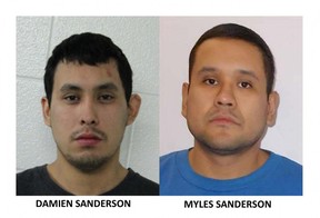 Myles Sanderson and Damien Sanderson are sought by police. Witnesses are asked not to pick up hitchhikers, do not approach, stay in a safe area, and immediately notify the police.