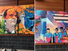 This photo provided by the Ontario Provincial Police shows the damage done to the Algonquin College community mural project at the Pembroke campus. Police are looking for the public's help in identifying two males of interest seen in the vicinity of the college before the mural was damaged on Aug. 21 sometime after 9:30 p.m. OPP photos
