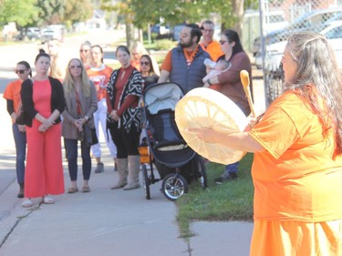 Culture keeper Chantel Chadwick drums during a National Day For Truth and Reconciliation ceremony in Pembroke on Sept. 30. Anthony Dixon