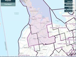Dark lines represent the current boundaries for Bruce-Grey-Owen Sound. The purple shaded area represents proposed boundaries which add part of Huron-Bruce and exclude Grey Highlands. (Screen shot from Federal Electoral Boundaries Commission website)