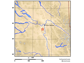 The earthquake occurred approximately 32 kilometres southwest of Prince George.