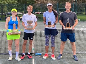 The Stratford Tennis Club recently crowned its 2022 champions. Singles winners, from left: Lauren Okrainec ('A'), Bob Tamblyn ('A), Monica Eickmeyer ('B') and Nathan Heyer ('B').